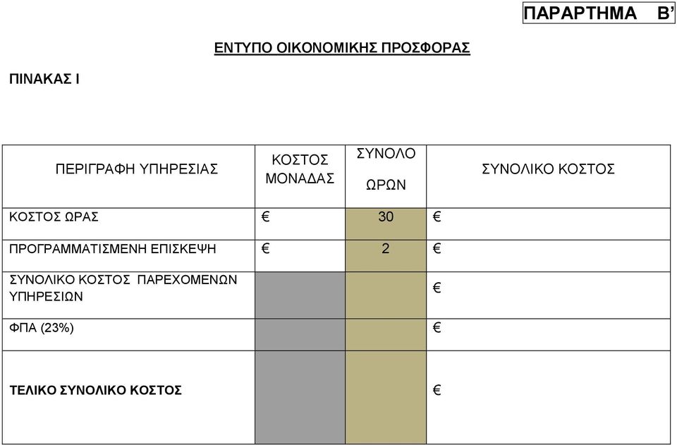 ΚΟΣΤΟΣ ΚΟΣΤΟΣ ΩΡΑΣ 30 ΠΡΟΓΡΑΜΜΑΤΙΣΜΕΝΗ ΕΠΙΣΚΕΨΗ 2