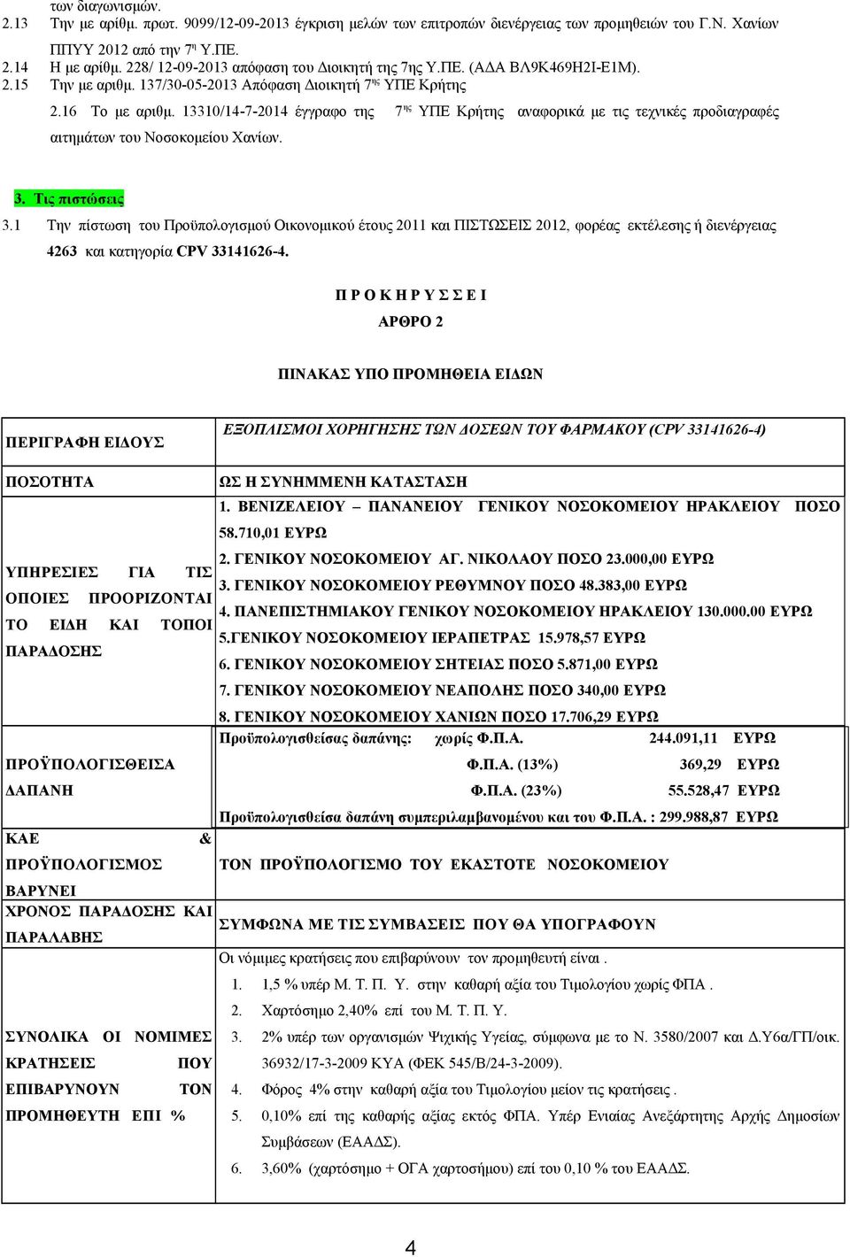 13310/14-7-2014 έγγραφο της 7 ης ΥΠΕ Κρήτης αναφορικά με τις τεχνικές προδιαγραφές αιτημάτων του Νοσοκομείου Χανίων. 3. Τις πιστώσεις 3.
