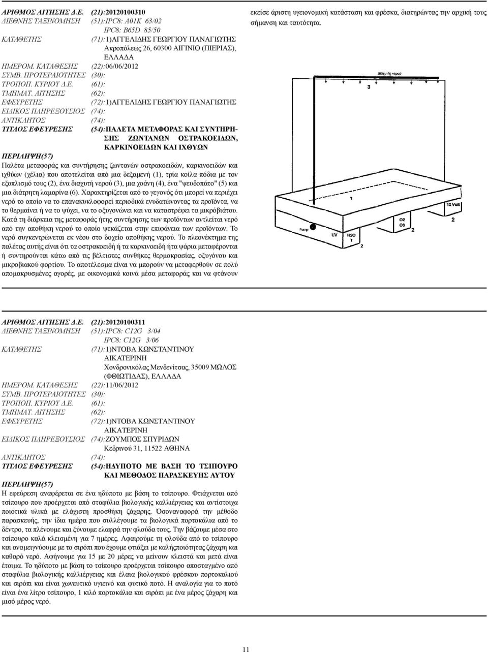 ΑΙΤΗΣΗΣ (62): (72):1)ΑΓΓΕΛΙ ΗΣ ΓΕΩΡΓΙΟΥ ΠΑΝΑΓΙΩΤΗΣ ΕΙ ΙΚΟΣ ΠΛΗΡΕΞΟΥΣΙΟΣ (74): (74): ΤΙΤΛΟΣ ΕΦΕΥΡΕΣΗΣ (54):ΠΑΛΕΤΑ ΜΕΤΑΦΟΡΑΣ ΚΑΙ ΣΥΝΤΗΡΗ- ΣΗΣ ΖΩΝΤΑΝΩΝ ΟΣΤΡΑΚΟΕΙ ΩΝ, ΚΑΡΚΙΝΟΕΙ ΩΝ ΚΑΙ ΙΧΘΥΩΝ Παλέτα