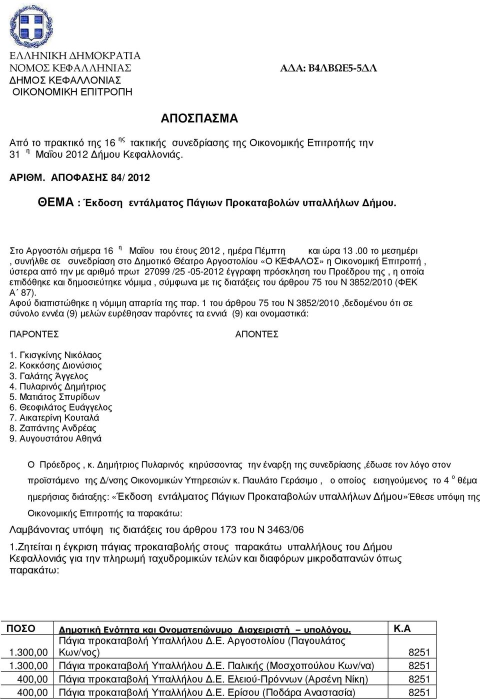 00 το µεσηµέρι, συνήλθε σε συνεδρίαση στο ηµοτικό Θέατρο Αργοστολίου «Ο ΚΕΦΑΛΟΣ» η Οικονοµική Επιτροπή, ύστερα από την µε αριθµό πρωτ 27099 /25-05-2012 έγγραφη πρόσκληση του Προέδρου της, η οποία