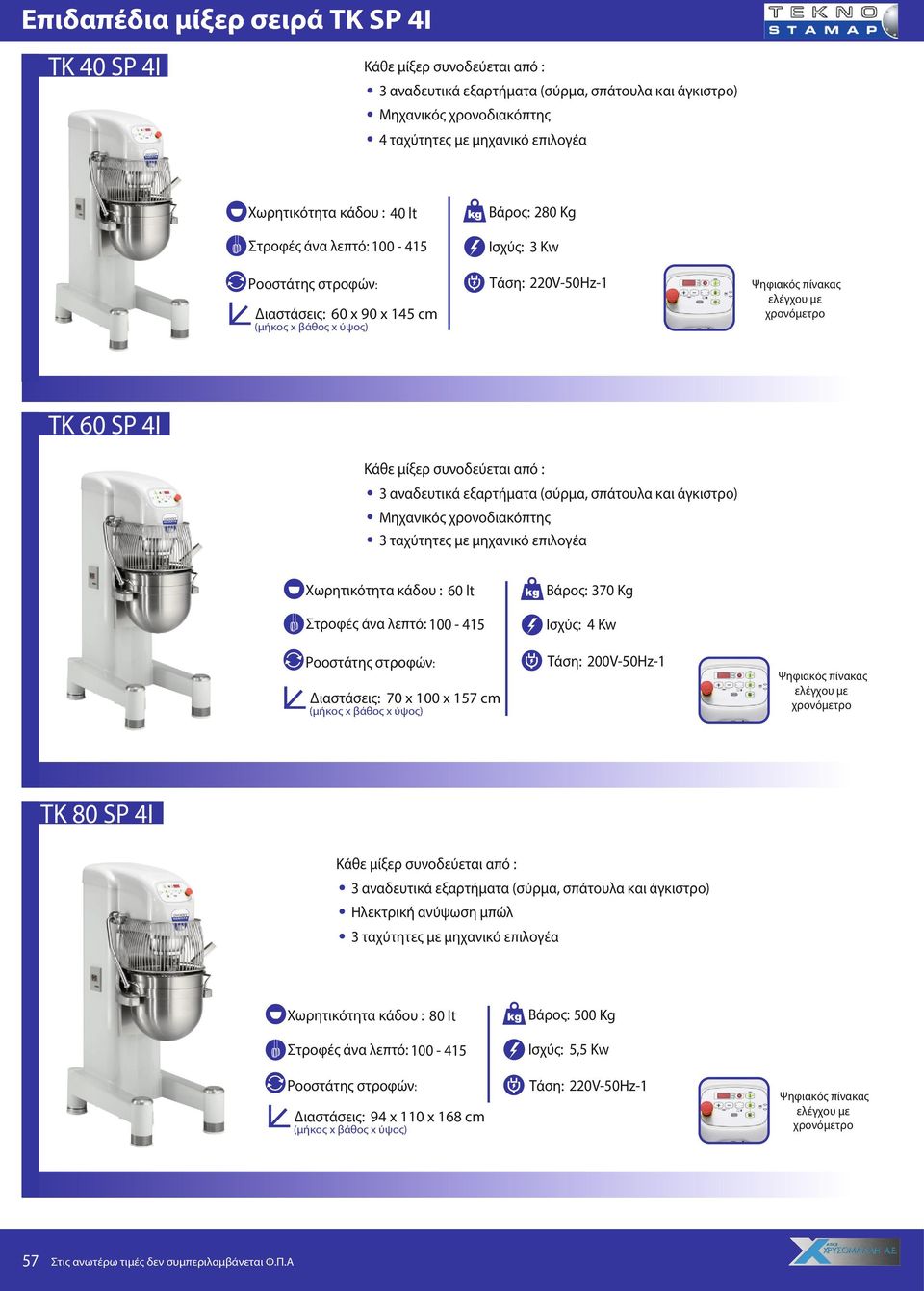 : 60 lt Βάρος: 370 Kg Ισχύς: 4 Kw Διαστάσεις: 70 x 100 x 1 cm TK 80 SP 4I