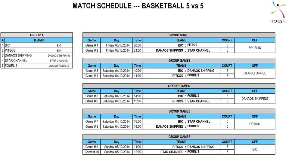 : FOURLIS 5 STAR CHANNEL OFF Game # 5 Saturday 04/10/2014 14:00 BIC : FOURLIS 5 Game # 6 Saturday 04/10/2014 15:00 PITSOS : STAR CHANNEL 5 DANAOS SHIPPING OFF Game # 7 Saturday 04/10/2014 18:00 BIC :