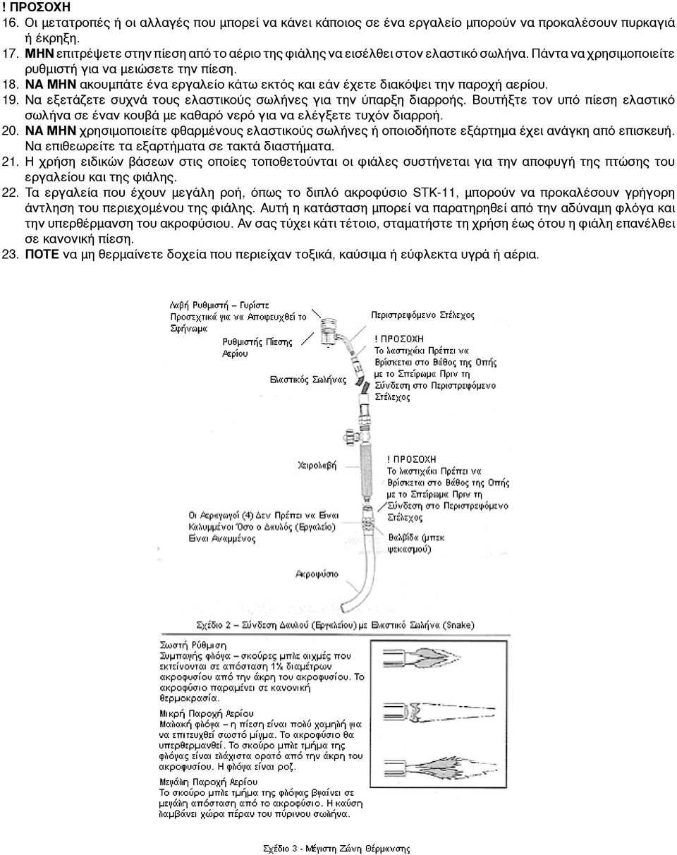 ΝΑ ΜΗΝ ακουμπάτε ένα εργαλείο κάτω εκτός και εάν έχετε διακόψει την παροχή αερίου. 19. Να εξετάζετε συχνά τους ελαστικούς σωλήνες για την ύπαρξη διαρροής.