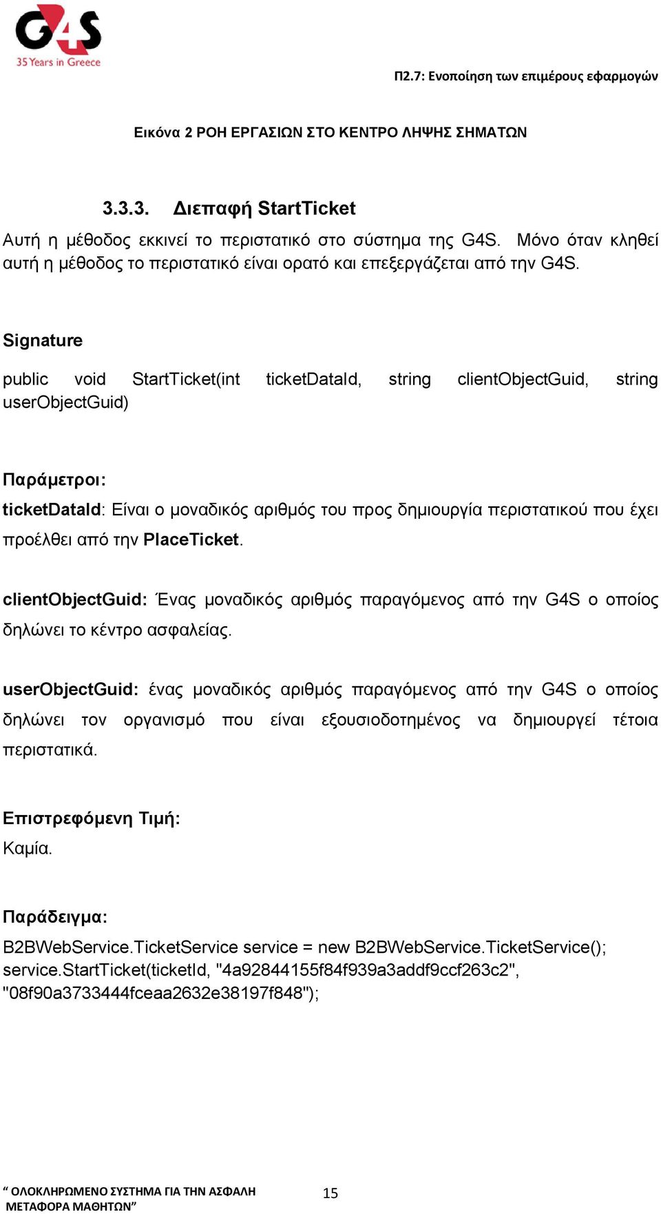 Signature public void StartTicket(int ticketdataid, string clientobjectguid, string userobjectguid) Παράμετροι: ticketdataid: Είναι ο μοναδικός αριθμός του προς δημιουργία περιστατικού που έχει