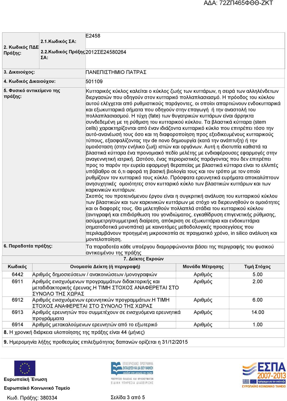 Δείκτες Εκροών Κωδικός Ονομασία Δείκτη (ή περιγραφή) Μονάδα Μέτρησης Τιμή Στόχος 6442 6911 6912 6913 6914 ΠΑΝΕΠΙΣΤΗΜΙΟ ΠΑΤΡΑΣ 501109 δημοσιεύσεων / ανακοινώσεων /μονογραφιών ενισχυόμενων προγραμμάτων