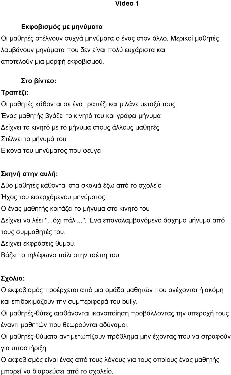 Ένας μαθητής βγάζει το κινητό του και γράφει μήνυμα Δείχνει το κινητό με το μήνυμα στους άλλους μαθητές Στέλνει το μήνυμά του Εικόνα του μηνύματος που φεύγει Σκηνή στην αυλή: Δύο μαθητές κάθονται στα