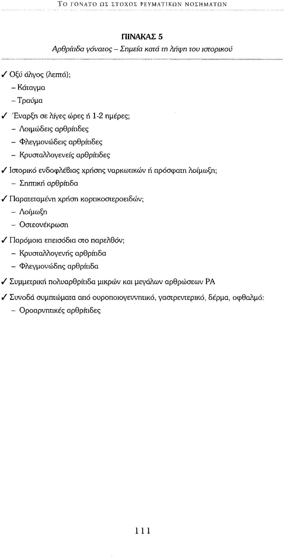 Σηπτική αρθρίτιδα / Παρατεταμένη χρήση κορτικοστεροειδών; - Λοίμωξη - Οστεονέκρωση / Παρόμοια επεισόδια στο παρελθόν; - Κρυσταλλογενής αρθρίτιδα - Φλεγμονώδης