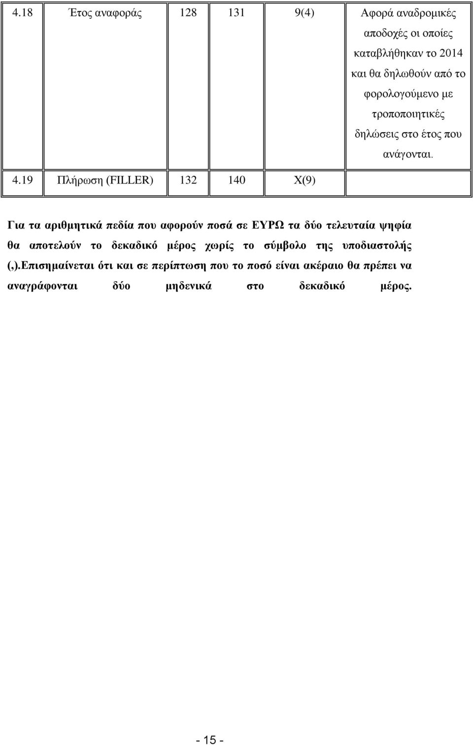 19 Πλήρωση (FILLER) 132 140 Χ(9) Για τα αριθμητικά πεδία που αφορούν ποσά σε ΕΥΡΩ τα δύο τελευταία ψηφία θα αποτελούν