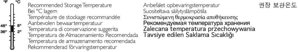 Рекомендуемая температура хранения Zalecana temperatura przechowywania Tavsiye edilen Saklama Sıcaklığı 권장 보관온도 อ ณหภ ม การจ ดเก บท แนะนำ 推 奨 保 管 温 度 Keep out of reach of children Außerhalb der