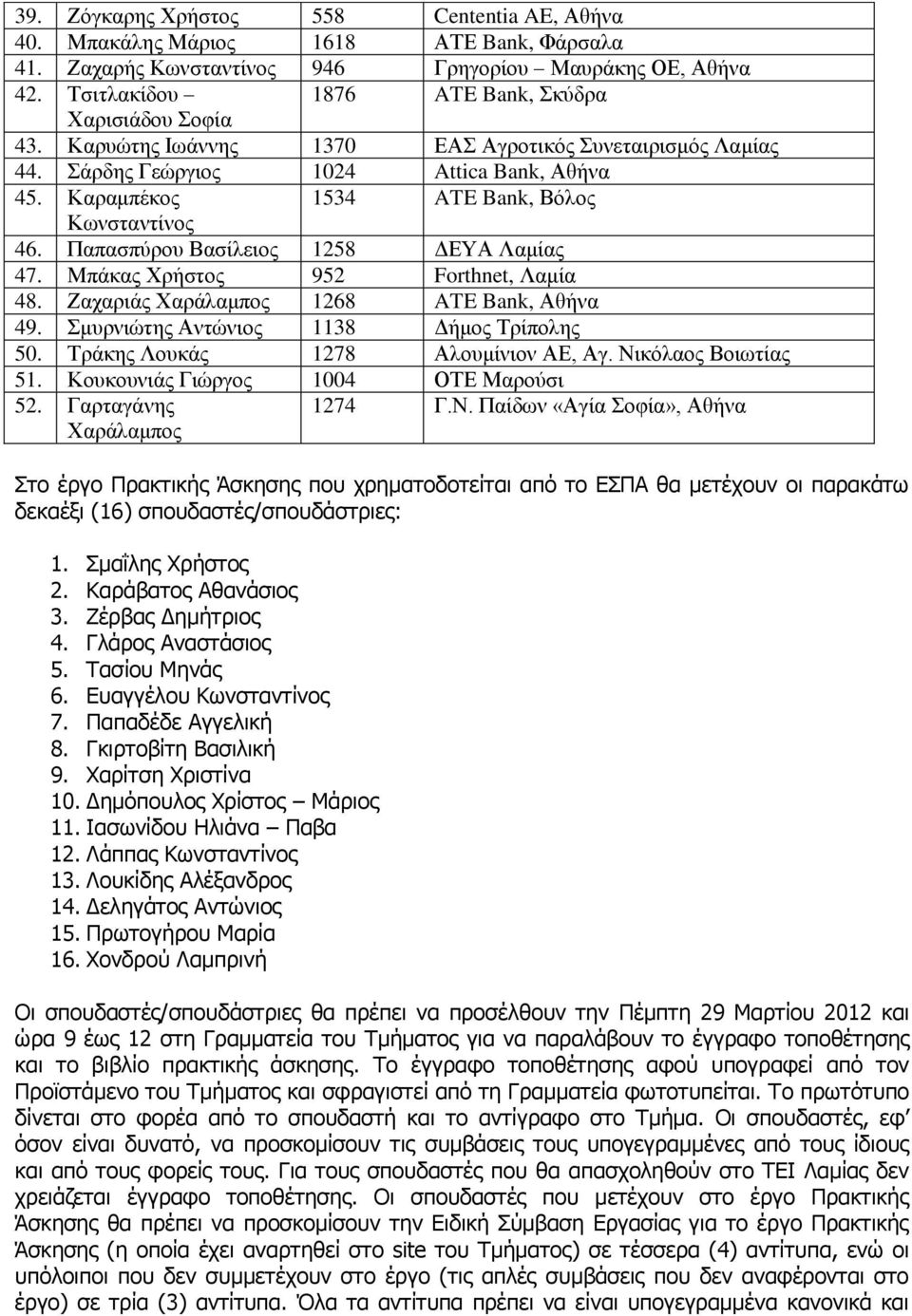 Καραμπέκος 1534 ATE Bank, Βόλος Κωνσταντίνος 46. Παπασπύρου Βασίλειος 1258 ΔΕΥΑ Λαμίας 47. Μπάκας Χρήστος 952 Forthnet, Λαμία 48. Ζαχαριάς Χαράλαμπος 1268 ATE Bank, Αθήνα 49.