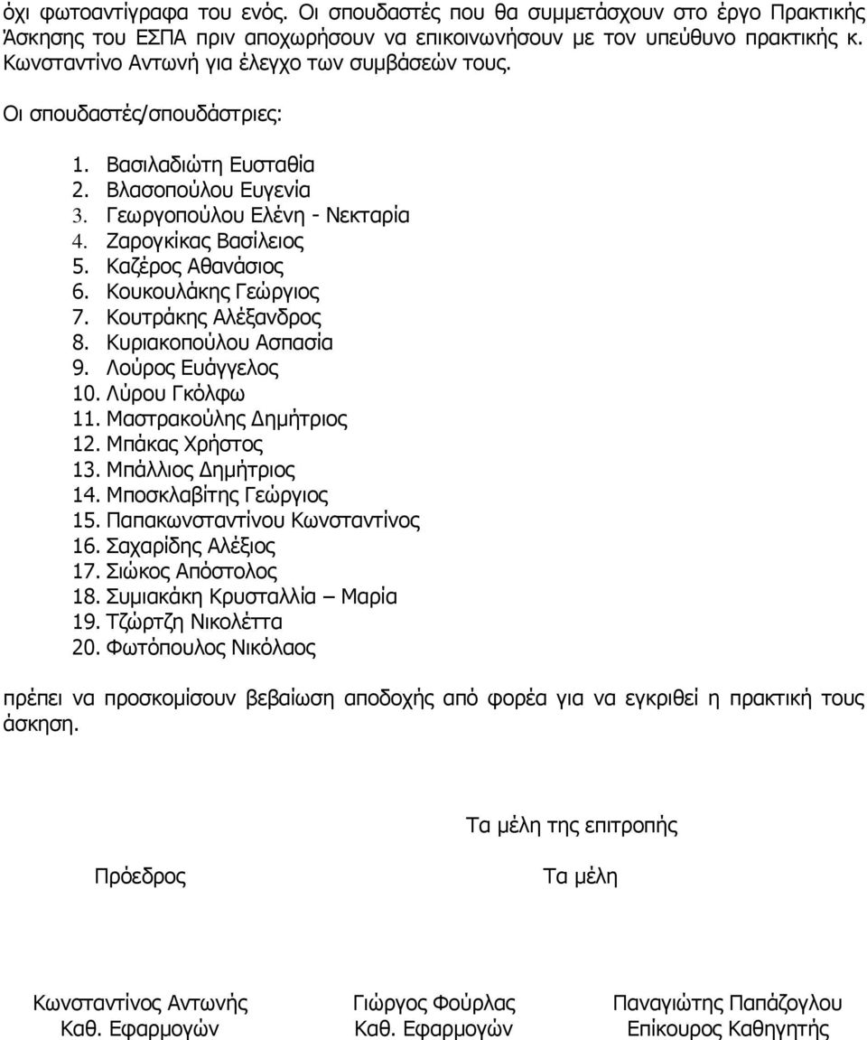 Καζέρος Αθανάσιος 6. Κουκουλάκης Γεώργιος 7. Κουτράκης Αλέξανδρος 8. Κυριακοπούλου Ασπασία 9. Λούρος Ευάγγελος 10. Λύρου Γκόλφω 11. Μαστρακούλης Δημήτριος 12. Μπάκας Χρήστος 13. Μπάλλιος Δημήτριος 14.