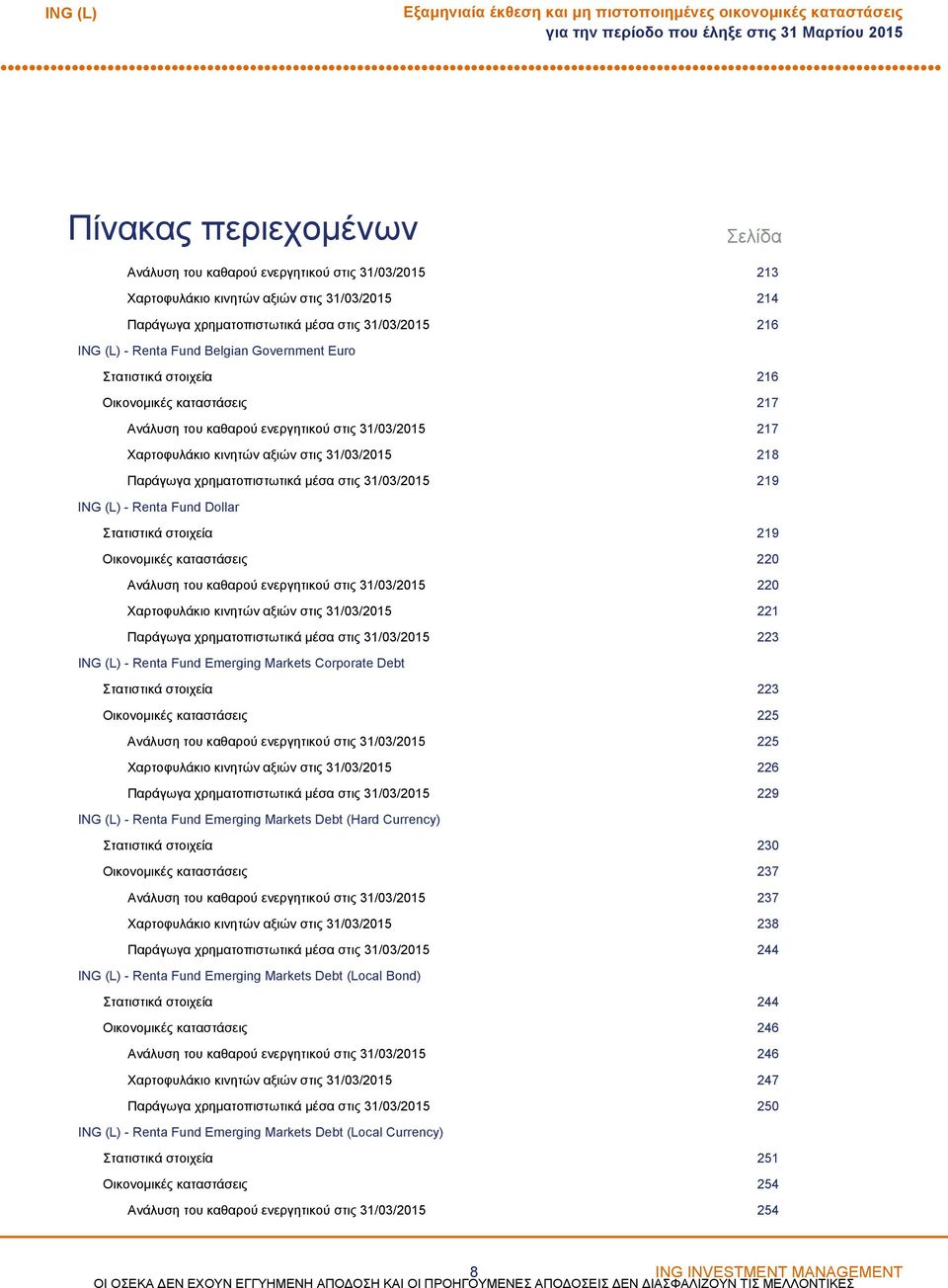 κινητών αξιών στις 31/03/2015 218 Παράγωγα χρηματοπιστωτικά μέσα στις 31/03/2015 219 Renta Fund Dollar Στατιστικά στοιχεία 219 Οικονομικές καταστάσεις 220 Ανάλυση του καθαρού ενεργητικού στις