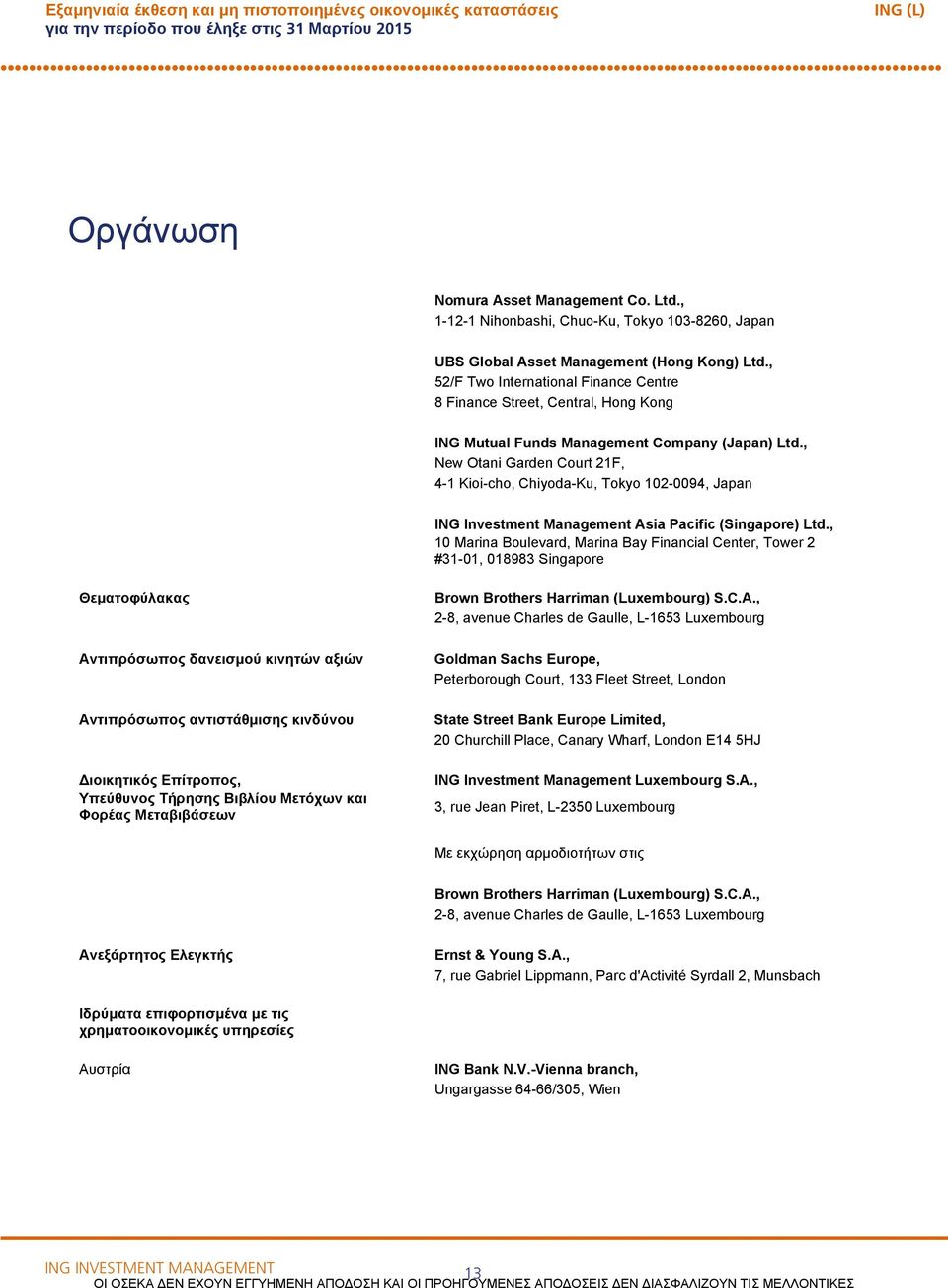 , New Otani Garden Court 21F, 41 Kioicho, ChiyodaKu, Tokyo 1020094, Japan ING Investment Management Asia Pacific (Singapore) Ltd.