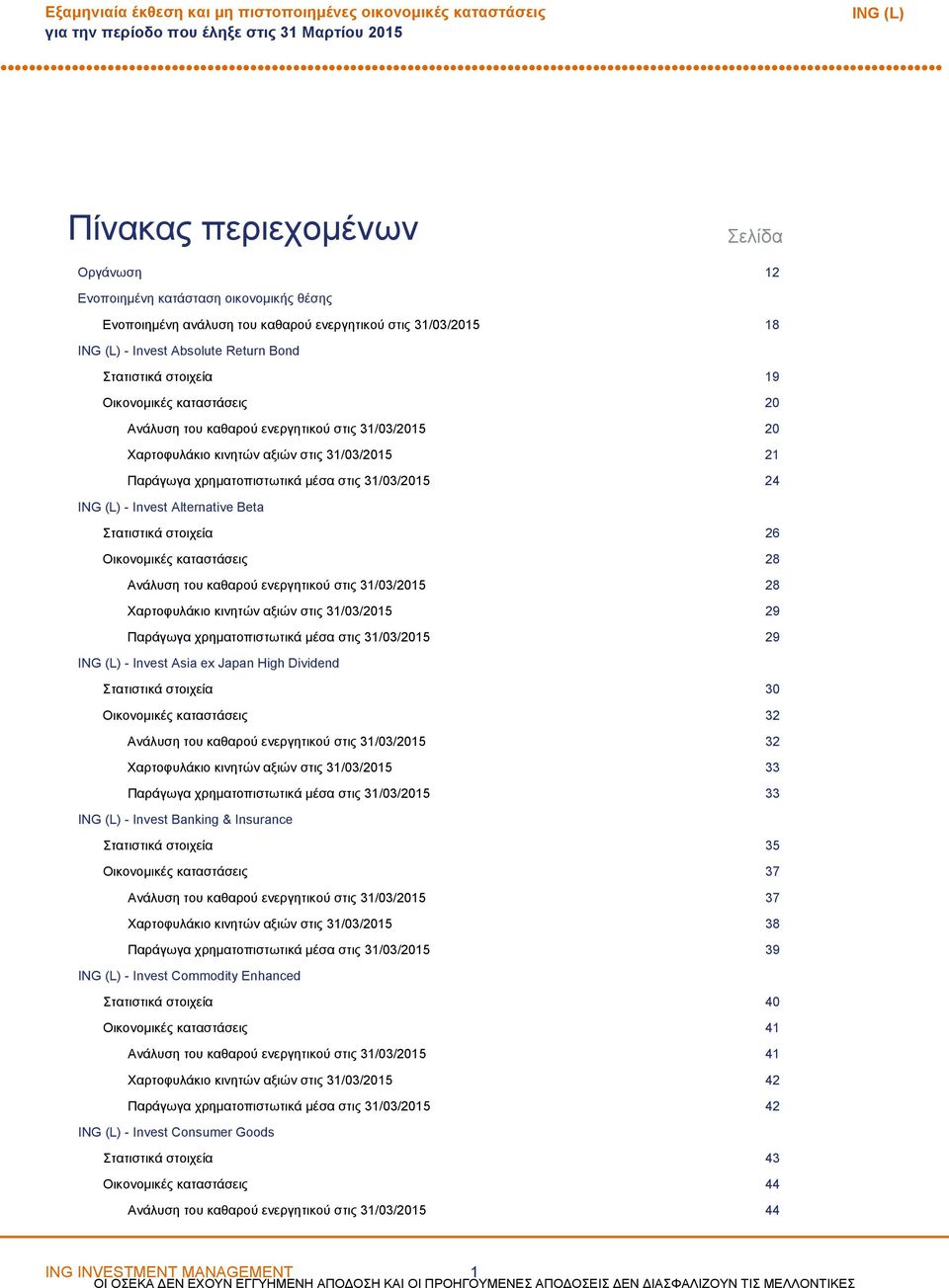 χρηματοπιστωτικά μέσα στις 31/03/2015 24 Invest Alternative Beta Στατιστικά στοιχεία 26 Οικονομικές καταστάσεις 28 Ανάλυση του καθαρού ενεργητικού στις 31/03/2015 28 Χαρτοφυλάκιο κινητών αξιών στις