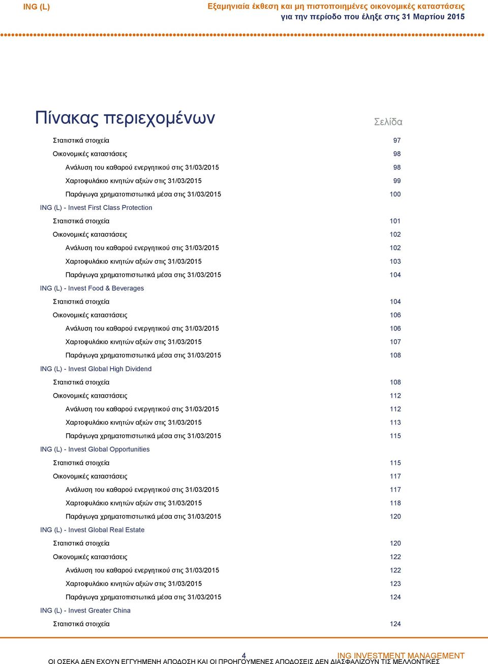 ενεργητικού στις 31/03/2015 102 Χαρτοφυλάκιο κινητών αξιών στις 31/03/2015 103 Παράγωγα χρηματοπιστωτικά μέσα στις 31/03/2015 104 Invest Food & Beverages Στατιστικά στοιχεία 104 Οικονομικές