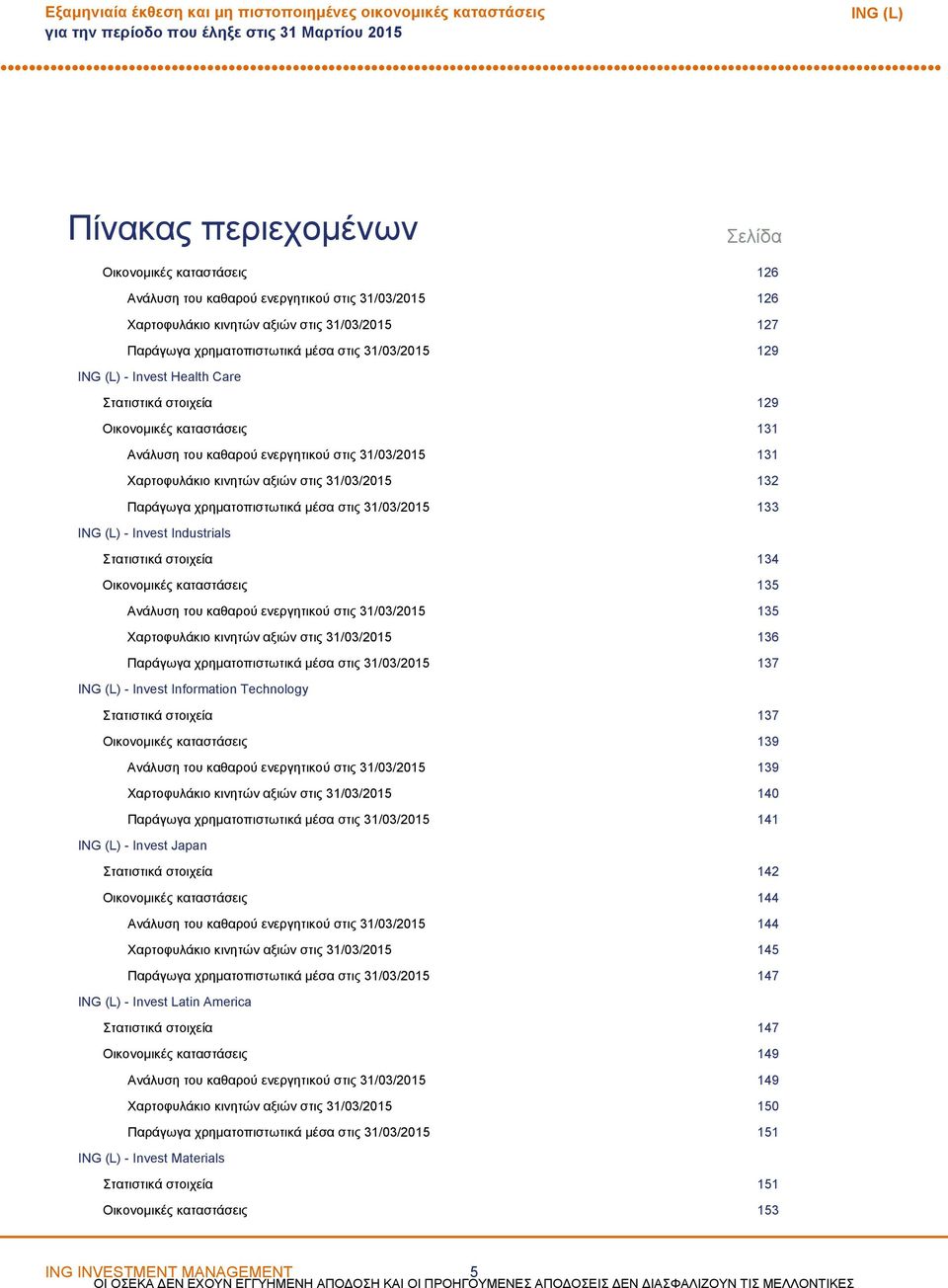 Χαρτοφυλάκιο κινητών αξιών στις 31/03/2015 132 Παράγωγα χρηματοπιστωτικά μέσα στις 31/03/2015 133 Invest Industrials Στατιστικά στοιχεία 134 Οικονομικές καταστάσεις 135 Ανάλυση του καθαρού