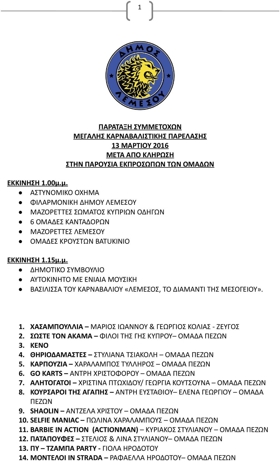 1. ΧΑΣΑΜΠΟΥΛΛΙΑ ΜΑΡΙΟΣ ΙΩΑΝΝΟΥ & ΓΕΩΡΓΙΟΣ ΚΟΛΙΑΣ - ΖΕΥΓΟΣ 2. ΣΩΣΤΕ ΤΟΝ ΑΚΑΜΑ ΦΙΛΟΙ ΤΗΣ ΓΗΣ ΚΥΠΡΟΥ ΟΜΑΔΑ 3. ΚΕΝΟ 4. ΘΗΡΙΟΔΑΜΑΣΤΕΣ ΣΤΥΛΙΑΝΑ ΤΣΙΑΚΟΛΗ ΟΜΑΔΑ 5. ΚΑΡΠΟΥΖΙΑ ΧΑΡΑΛΑΜΠΟΣ ΤΥΛΛΗΡΟΣ ΟΜΑΔΑ 6.