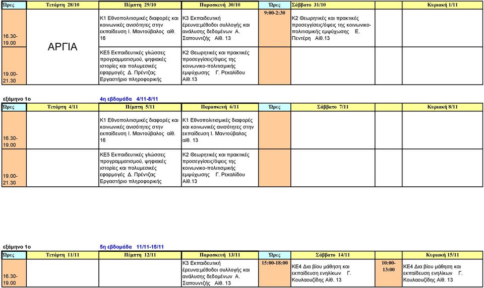 Πεντέρη εξάμηνο 1ο 4η εβδομάδα 4/11-8/11 Ώρες Τετάρτη 4/11 Πέμπτη 5/11 Παρασκευή 6/11 Ώρες Σάββατο 7/11 Κυριακή 8/11 - και