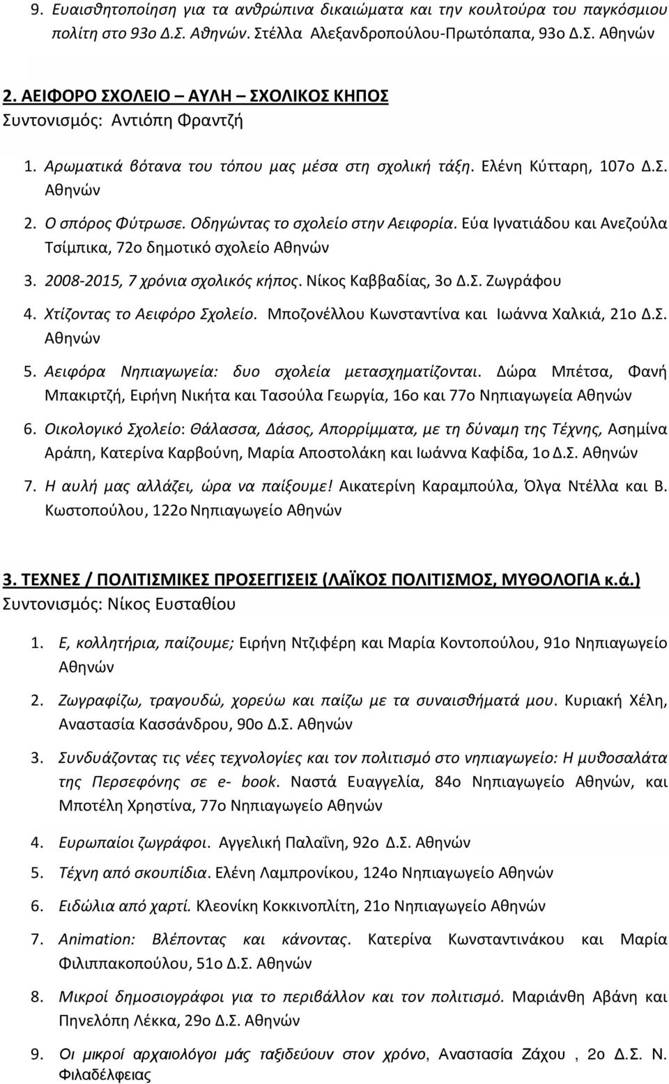 Οδηγώντας το σχολείο στην Αειφορία. Εύα Ιγνατιάδου και Ανεζούλα Τσίμπικα, 72ο δημοτικό σχολείο 3. 2008-2015, 7 χρόνια σχολικός κήπος. Νίκος Καββαδίας, 3ο Δ.Σ. Ζωγράφου 4. Χτίζοντας το Αειφόρο Σχολείο.