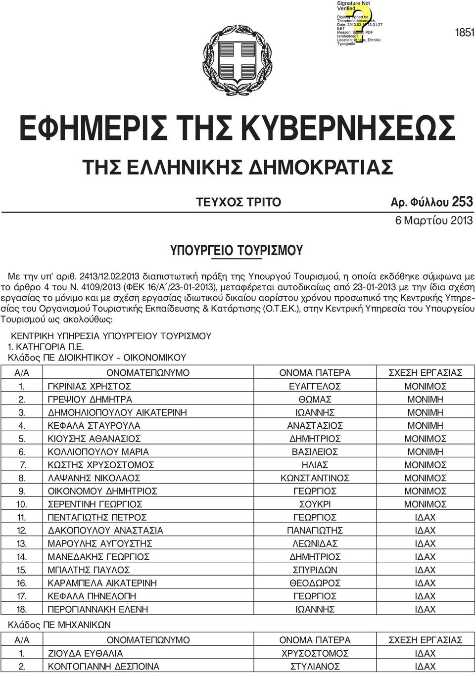 4109/2013 (ΦΕΚ 16/Α /23 01 2013), μεταφέρεται αυτοδικαίως από 23 01 2013 με την ίδια σχέση εργασίας το μόνιμο και με σχέση εργασίας ιδιωτικού δικαίου αορίστου χρόνου προσωπικό της Κεντρικής Υπηρε