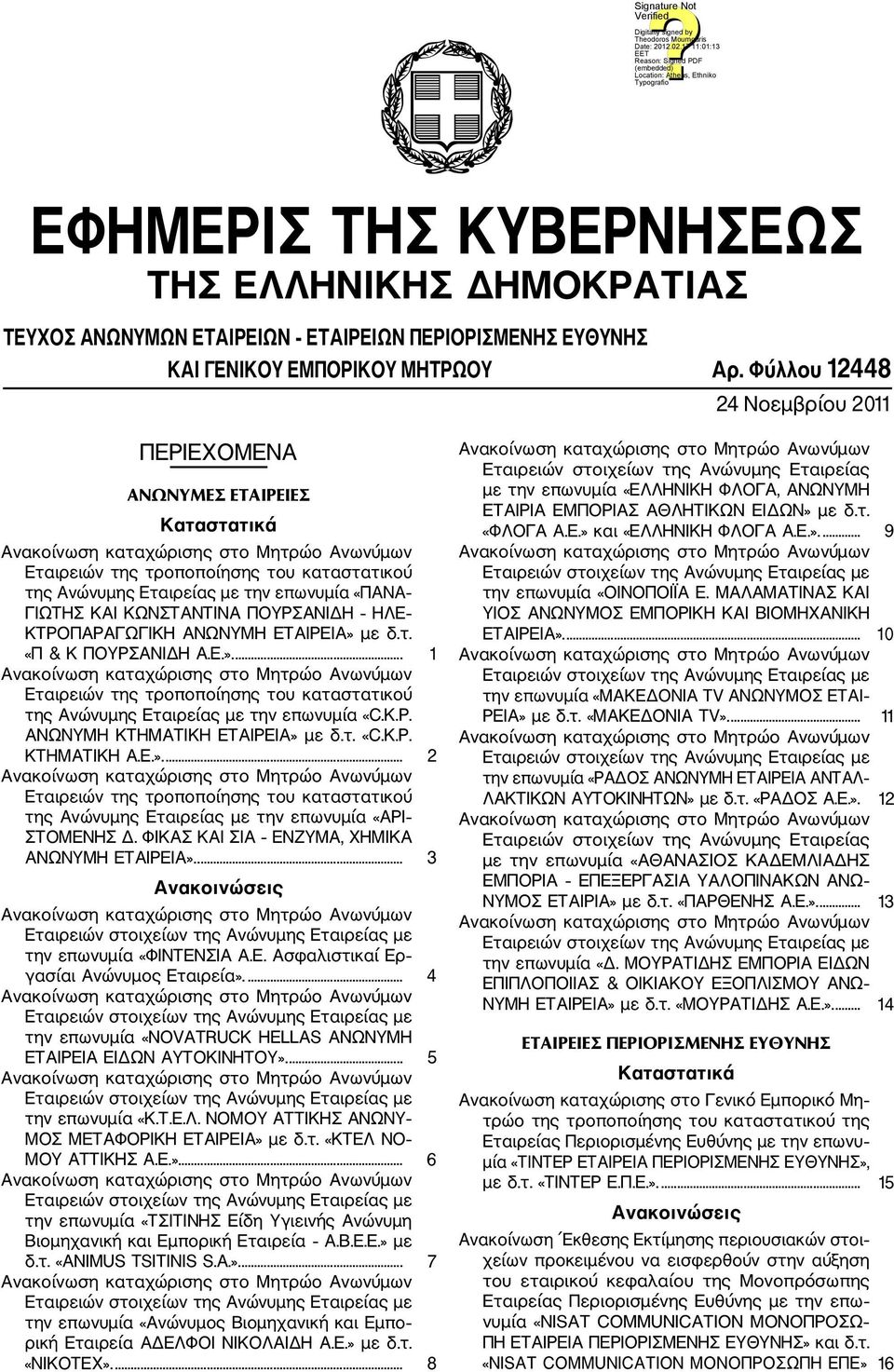 ΗΛΕ ΚΤΡΟΠΑΡΑΓΩΓΙΚΗ ΑΝΩΝΥΜΗ ΕΤΑΙΡΕΙΑ» με δ.τ. «Π & Κ ΠΟΥΡΣΑΝΙΔΗ Α.Ε.».... 1 Εταιρειών της τροποποίησης του καταστατικού της Ανώνυμης Εταιρείας με την επωνυμία «C.K.P. ΑΝΩΝΥΜΗ ΚΤΗΜΑΤΙΚΗ ΕΤΑΙΡΕΙΑ» με δ.