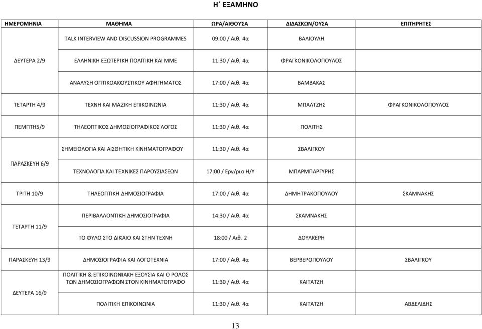4α ΜΠΑΛΤΖΗΣ ΦΡΑΓΚΟΝΙΚΟΛΟΠΟΥΛΟΣ ΠΕΜΠΤΗ5/9 ΤΗΛΕΟΠΤΙΚΟΣ ΔΗΜΟΣΙΟΓΡΑΦΙΚΟΣ ΛΟΓΟΣ 11:30 / Αιθ. 4α ΠΟΛΙΤΗΣ ΣΗΜΕΙΟΛΟΓΙΑ ΚΑΙ ΑΙΣΘΗΤΙΚΗ ΚΙΝΗΜΑΤΟΓΡΑΦΟΥ 11:30 / Αιθ.
