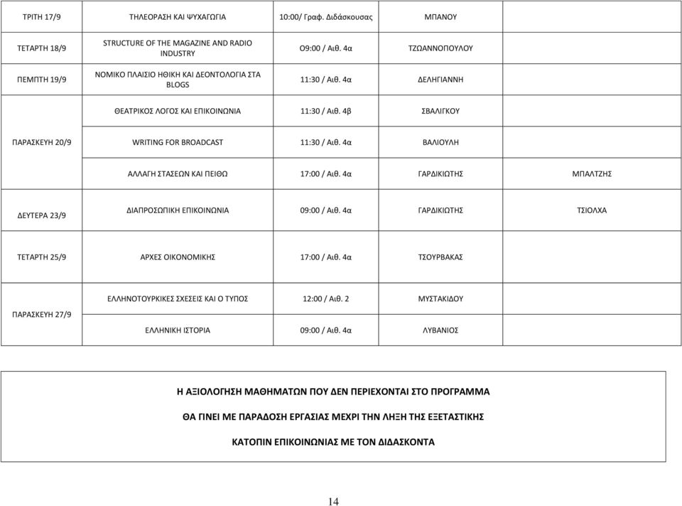 4α ΒΑΛΙΟΥΛΗ ΑΛΛΑΓΗ ΣΤΑΣΕΩΝ ΚΑΙ ΠΕΙΘΩ 17:00 / Αιθ. 4α ΓΑΡΔΙΚΙΩΤΗΣ ΜΠΑΛΤΖΗΣ ΔΕΥΤΕΡΑ 23/9 ΔΙΑΠΡΟΣΩΠΙΚΗ ΕΠΙΚΟΙΝΩΝΙΑ 09:00 / Αιθ. 4α ΓΑΡΔΙΚΙΩΤΗΣ ΤΣΙΟΛΧΑ ΤΕΤΑΡΤΗ 25/9 ΑΡΧΕΣ ΟΙΚΟΝΟΜΙΚΗΣ 17:00 / Αιθ.