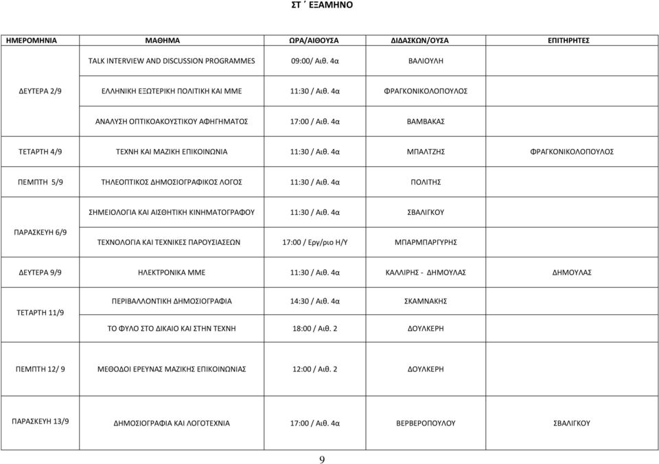 4α ΜΠΑΛΤΖΗΣ ΦΡΑΓΚΟΝΙΚΟΛΟΠΟΥΛΟΣ ΠΕΜΠΤΗ 5/9 ΤΗΛΕΟΠΤΙΚΟΣ ΔΗΜΟΣΙΟΓΡΑΦΙΚΟΣ ΛΟΓΟΣ 11:30 / Αιθ. 4α ΠΟΛΙΤΗΣ ΣΗΜΕΙΟΛΟΓΙΑ ΚΑΙ ΑΙΣΘΗΤΙΚΗ ΚΙΝΗΜΑΤΟΓΡΑΦΟΥ 11:30 / Αιθ.