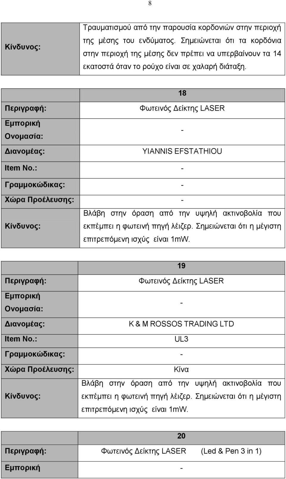 EFSTATHIOU Item No.: - - επηηξεπόκελε ηζρύο είλαη 1mW. 19 Item No.