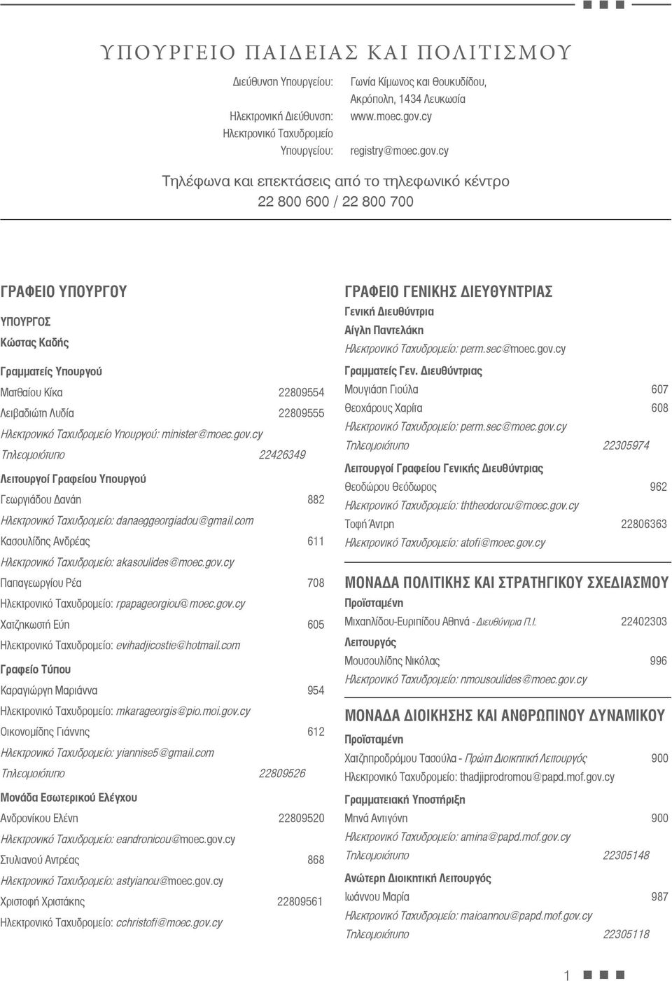 Ταχυδρομείο Υπουργού: minister@moec.gov.cy Τηλεομοιότυπο 22426349 Λειτουργοί Γραφείου Υπουργού Γεωργιάδου Δανάη 882 Ηλεκτρονικό Ταχυδρομείο: danaeggeorgiadou@gmail.