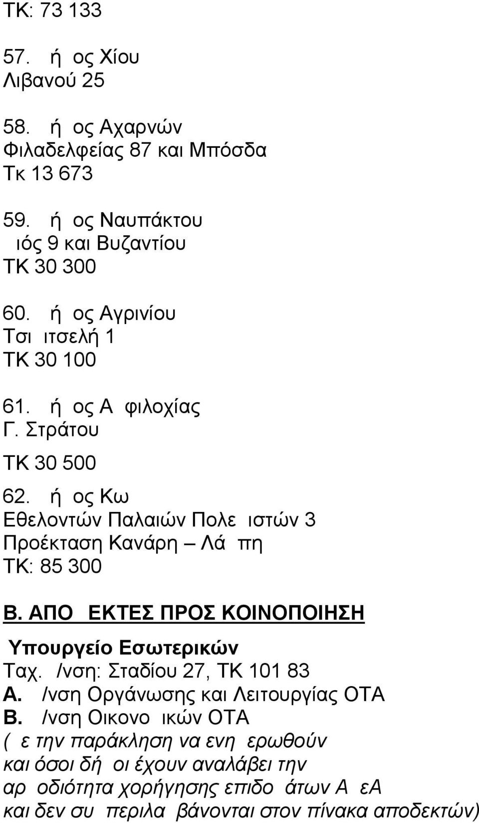 Δήμος Κω Εθελοντών Παλαιών Πολεμιστών 3 Προέκταση Κανάρη Λάμπη ΤΚ: 85 300 Β. ΑΠΟΔΕΚΤΕΣ ΠΡΟΣ ΚΟΙΝΟΠΟΙΗΣΗ Υπουργείο Εσωτερικών Ταχ.