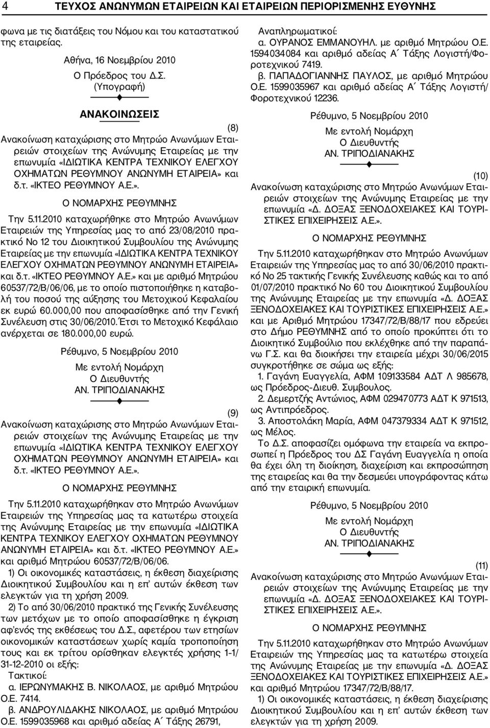 2010 καταχωρήθηκε στο Μητρώο Ανωνύμων Εταιρειών της Υπηρεσίας μας το από 23/08/2010 πρα κτικό No 12 του Διοικητικού Συμβουλίου της Ανώνυμης Εταιρείας με την επωνυμία «ΙΔΙΩΤΙΚΑ ΚΕΝΤΡΑ ΤΕΧΝΙΚΟΥ ΕΛΕΓΧΟΥ
