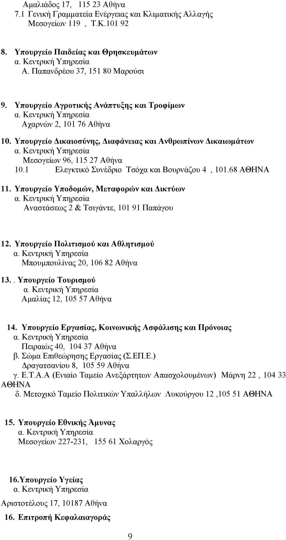 1 Ελεγκτικό Συνέδριο Τσόχα και Βουρνάζου 4, 101.68 ΑΘΗΝΑ 11. Υπουργείο Υποδομών, Μεταφορών και Δικτύων Αναστάσεως 2 & Τσιγάντε, 101 91 Παπάγου 12.