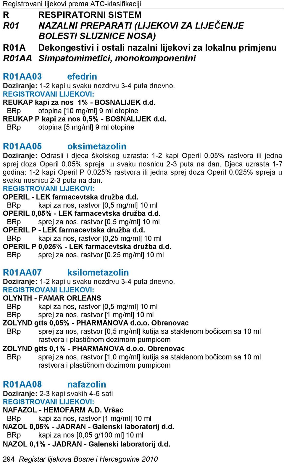 d. BRp otopina [5 mg/ml] 9 ml otopine R01AA05 oksimetazolin Doziranje: Odrasli i djeca školskog uzrasta: 1-2 kapi Operil 0.05% rastvora ili jedna sprej doza Operil 0.