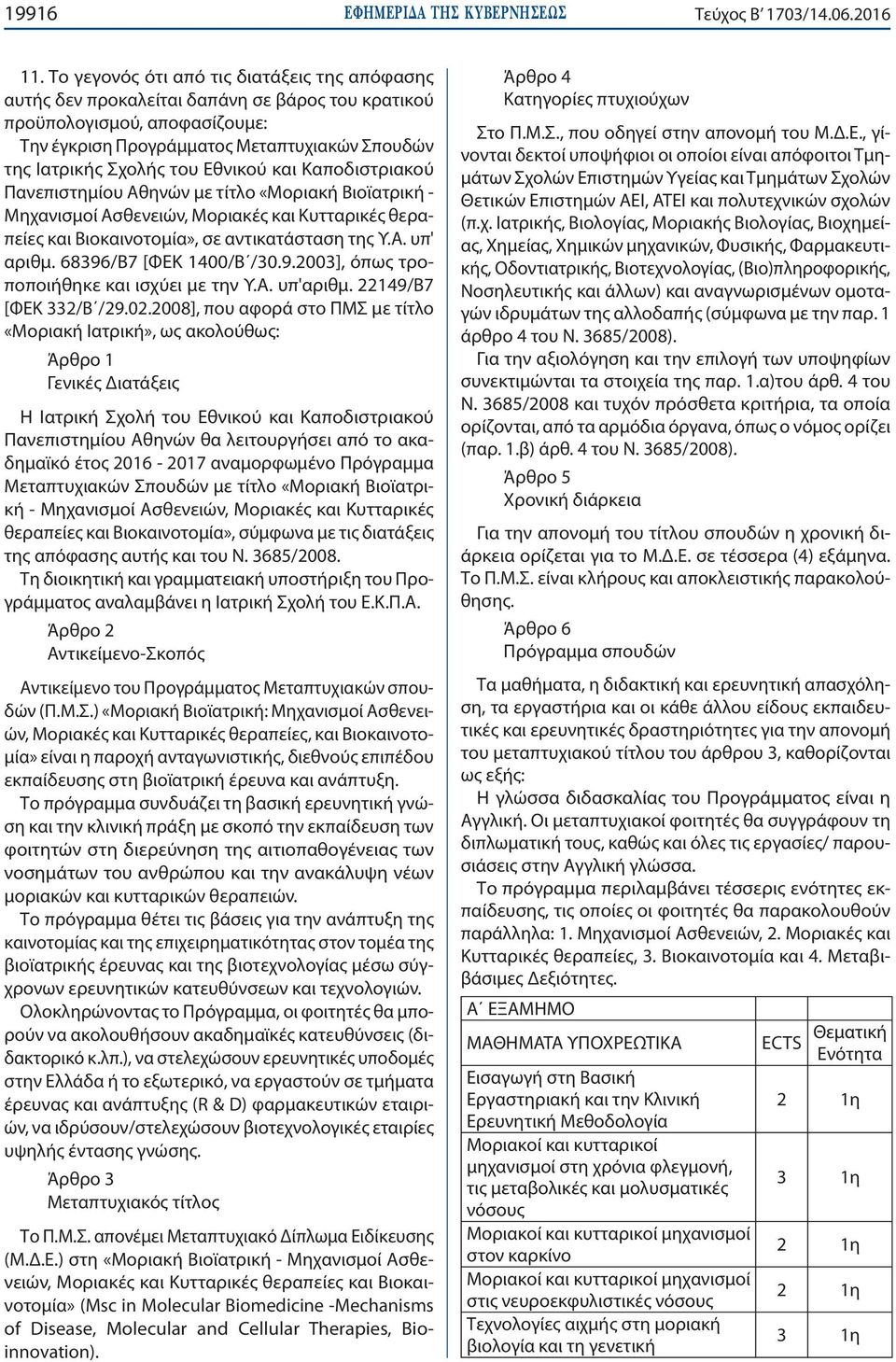 τίτλο «Μοριακή Βιοϊατρική - Μηχανισμοί Ασθενειών, Μοριακές και Κυτταρικές θεραπείες και Βιοκαινοτομία», σε αντικατάσταση της Υ.Α. υπ' αριθμ. 68396/Β7 [ΦΕΚ 1400/Β /30.9.2003], όπως τροποποιήθηκε και ισχύει με την Υ.
