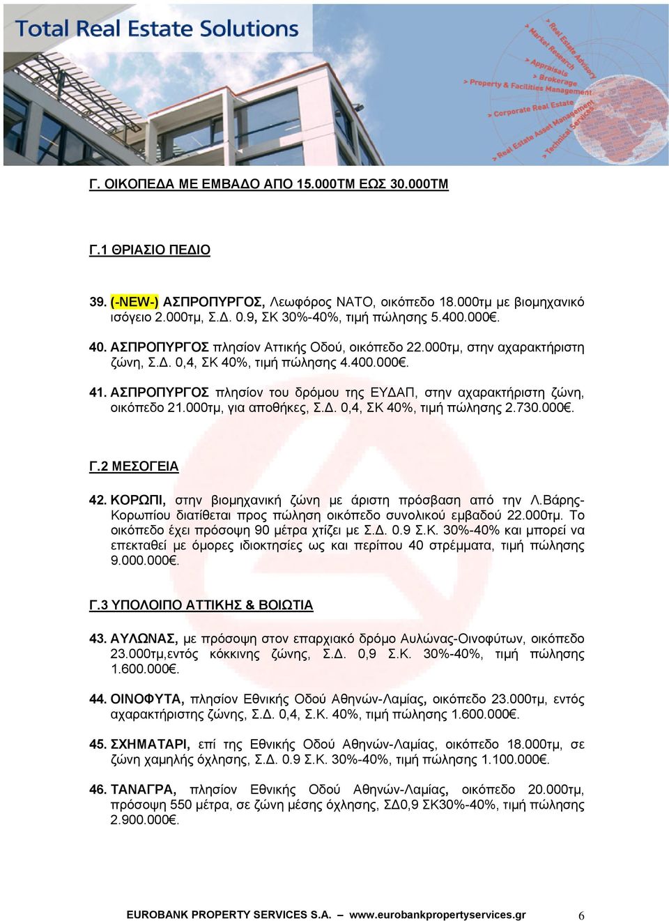 ΑΣΠΡΟΠΥΡΓΟΣ πλησίον του δρόμου της ΕΥΔΑΠ, στην αχαρακτήριστη ζώνη, οικόπεδο 21.000τμ, για αποθήκες, Σ.Δ. 0,4, ΣΚ 40%, τιμή πώλησης 2.730.000. Γ.2 ΜΕΣΟΓΕΙΑ 42.