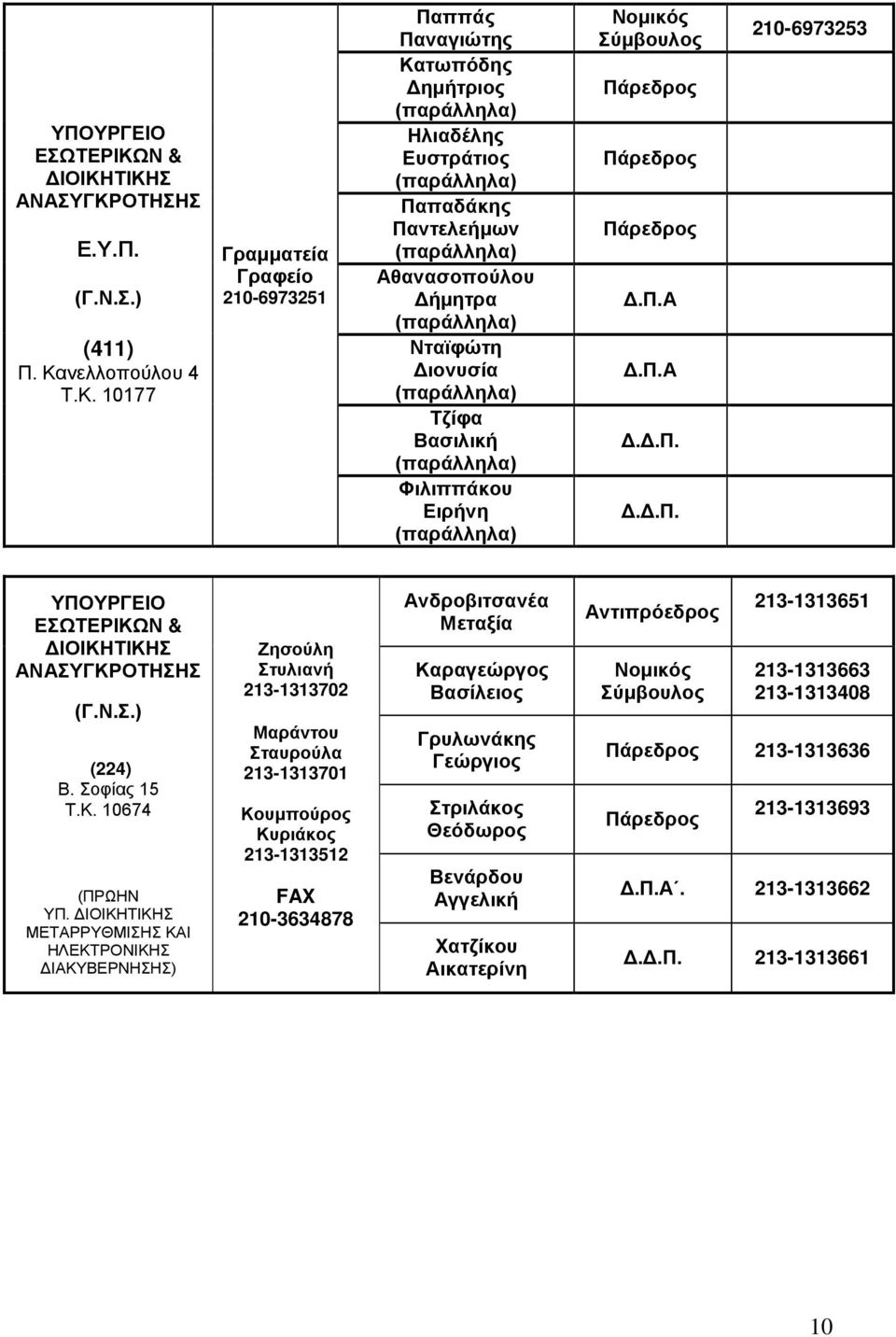ΤΙΚΗΣ ΑΝΑΣΥΓΚΡΟΤΗΣΗΣ Ε.Υ.Π. (411) Π. Κανελλοπούλου 4 Τ.Κ. 10177 Γραμματεία Γραφείο 210-6973251 Παππάς Παναγιώτης Κατωπόδης Ηλιαδέλης Ευστράτιος Παπαδάκης Παντελεήμων Αθανασοπούλου Δήμητρα Νταϊφώτη Διονυσία Τζίφα Φιλιππάκου Ειρήνη Δ.