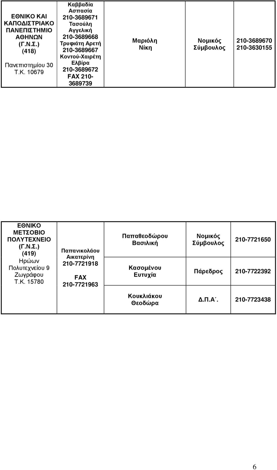 Αγγελική 210-3689668 Τρυφιάτη Αρετή 210-3689667 Κοντού-Χαιρέτη Ελβίρα 210-3689672 210-3689739 Μαριόλη Νίκη