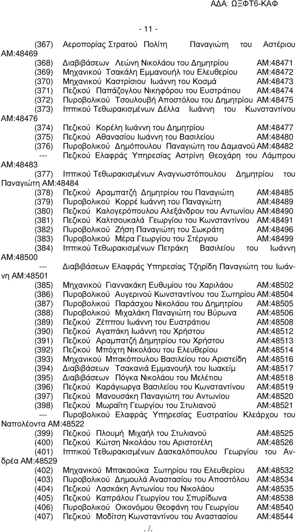 του Κωνσταντίνου ΑΜ:48476 (374) Πεζικού Κορέλη Ιωάννη του ηµητρίου ΑΜ:48477 (375) Πεζικού Αθανασίου Ιωάννη του Βασιλείου ΑΜ:48480 (376) Πυροβολικού ηµόπουλου Παναγιώτη του αµιανού ΑΜ:48482 ---