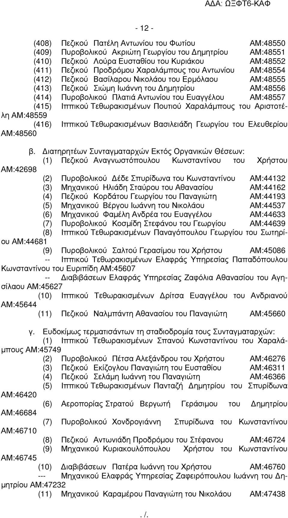 (415) Ιππικού Τεθωρακισµένων Πουτιού Χαραλάµπους του Αριστοτέλη ΑΜ:48559 (416) Ιππικού Τεθωρακισµένων Βασιλειάδη Γεωργίου του Ελευθερίου ΑΜ:48560 β.