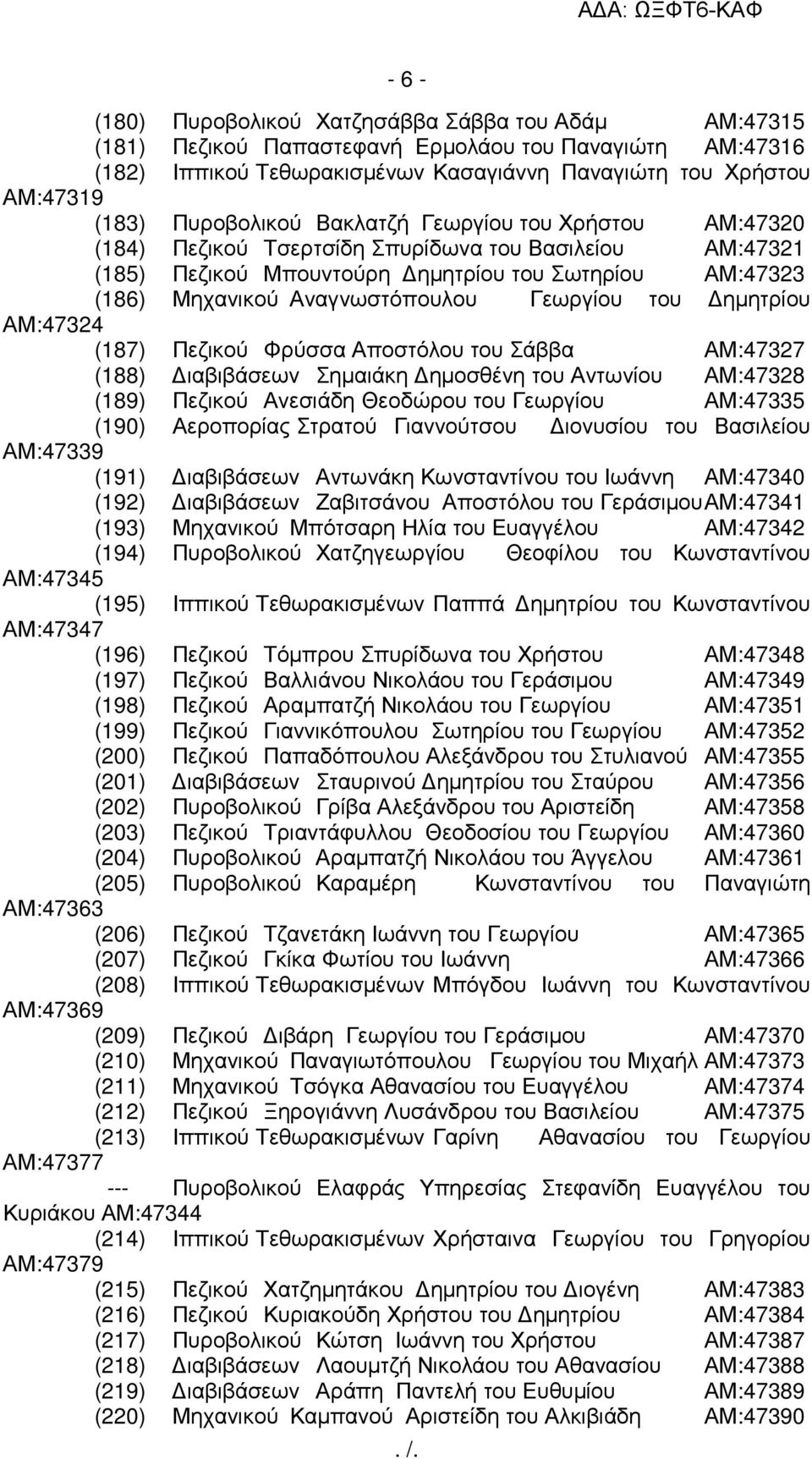 Γεωργίου του ηµητρίου ΑΜ:47324 (187) Πεζικού Φρύσσα Αποστόλου του Σάββα ΑΜ:47327 (188) ιαβιβάσεων Σηµαιάκη ηµοσθένη του Αντωνίου ΑΜ:47328 (189) Πεζικού Ανεσιάδη Θεοδώρου του Γεωργίου ΑΜ:47335 (190)
