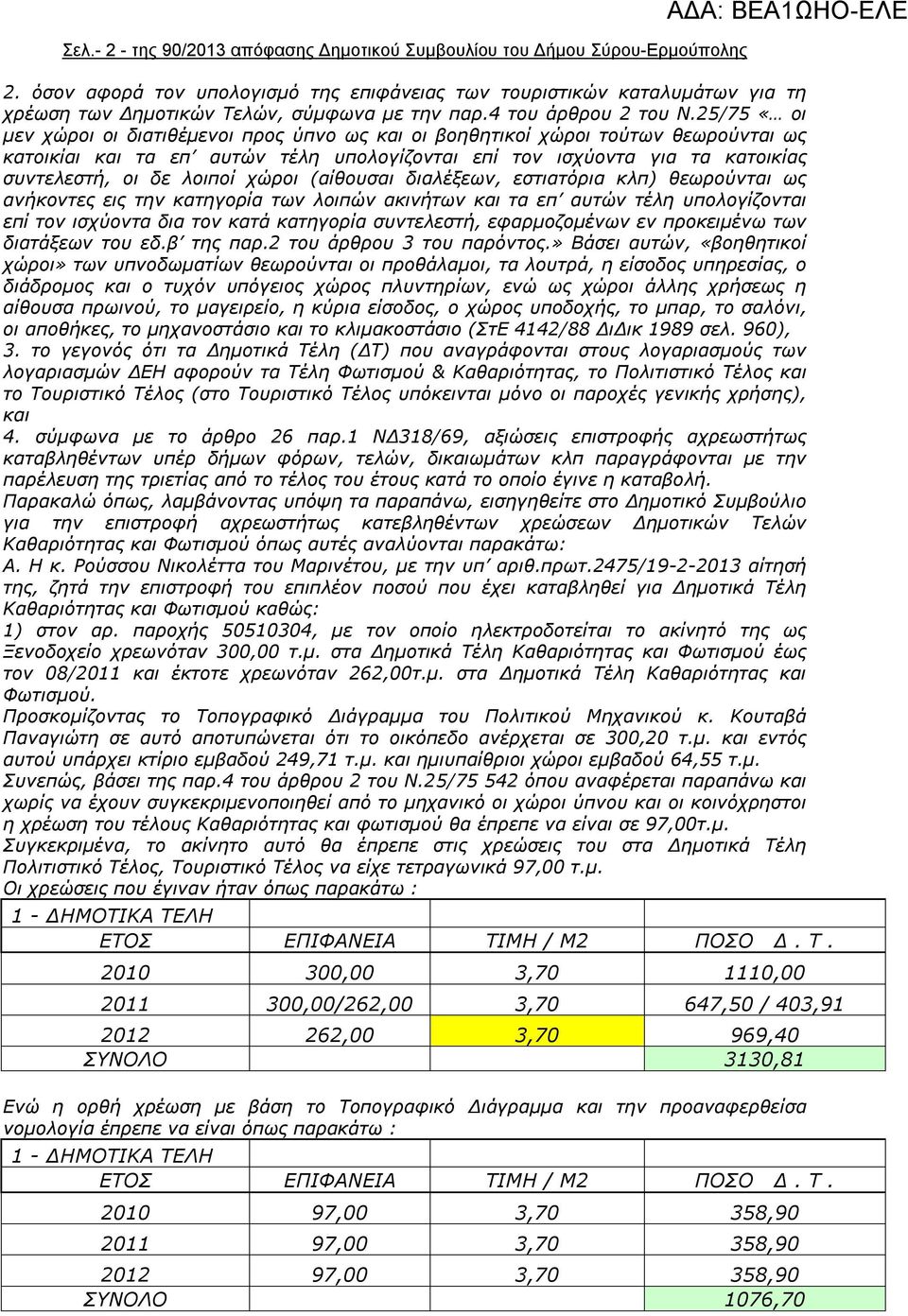 25/75 «οι μεν χώροι οι διατιθέμενοι προς ύπνο ως και οι βοηθητικοί χώροι τούτων θεωρούνται ως κατοικίαι και τα επ αυτών τέλη υπολογίζονται επί τον ισχύοντα για τα κατοικίας συντελεστή, οι δε λοιποί