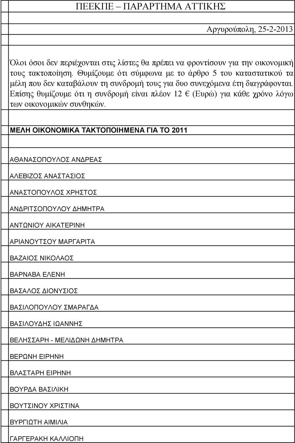 Επίσης θυμίζουμε ότι η συνδρομή είναι πλέον 12 (Ευρώ) για κάθε χρόνο λόγω των οικονομικών συνθηκών.