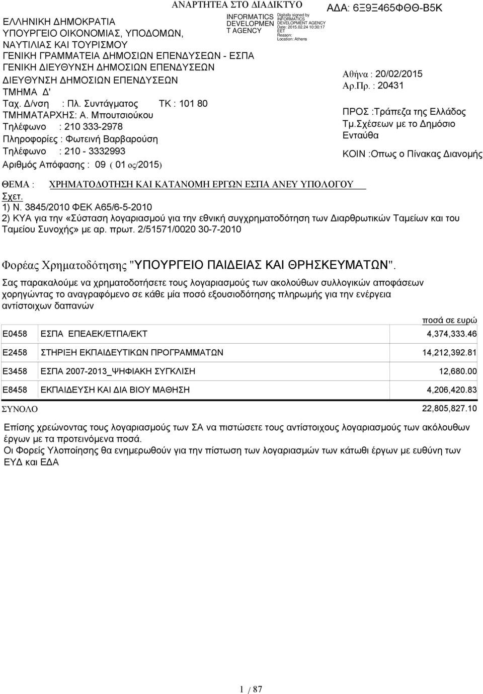 Μπουτσιούκου Τηλέφωνο : 210 333-2978 Πληροφορίες : Φωτεινή Βαρβαρούση Τηλέφωνο : 210-3332993 Αριθμός Απόφασης : 09 ( 01 ος/2015) Αθήνα : 20/02/2015 Αρ.Πρ. : 20431 ΠΡΟΣ :Τράπεζα της Ελλάδος Τμ.