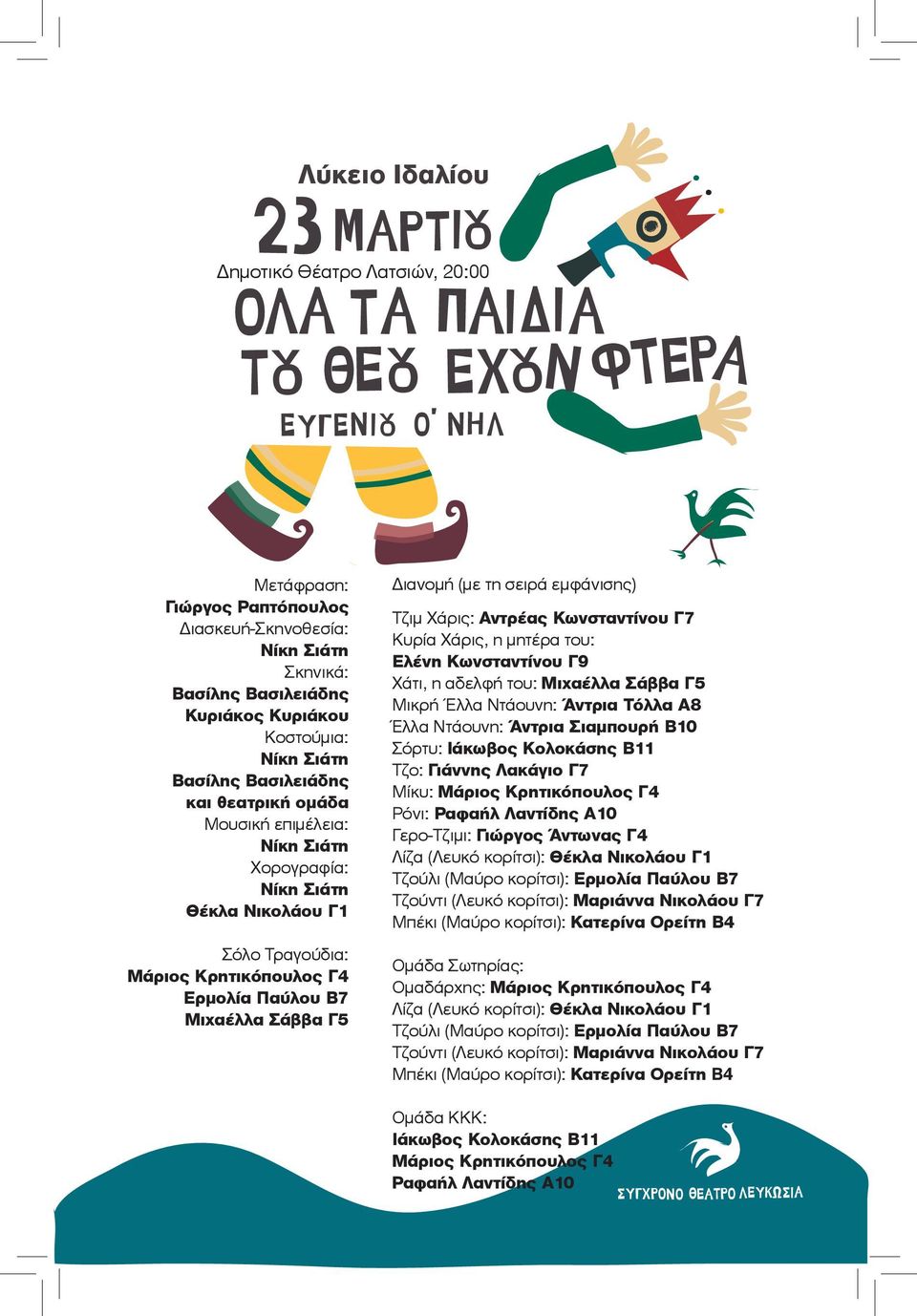 Κωνσταντίνου Γ9 Χάτι, η αδελφή του: Μιχαέλλα Σάββα Γ5 Μικρή Έλλα Ντάουνη: Άντρια Τόλλα Α8 Έλλα Ντάουνη: Άντρια Σιαμπουρή Β10 Σόρτυ: Ιάκωβος Κολοκάσης Β11 Τζο: Γιάννης Λακάγιο Γ7 Μίκυ: Μάριος