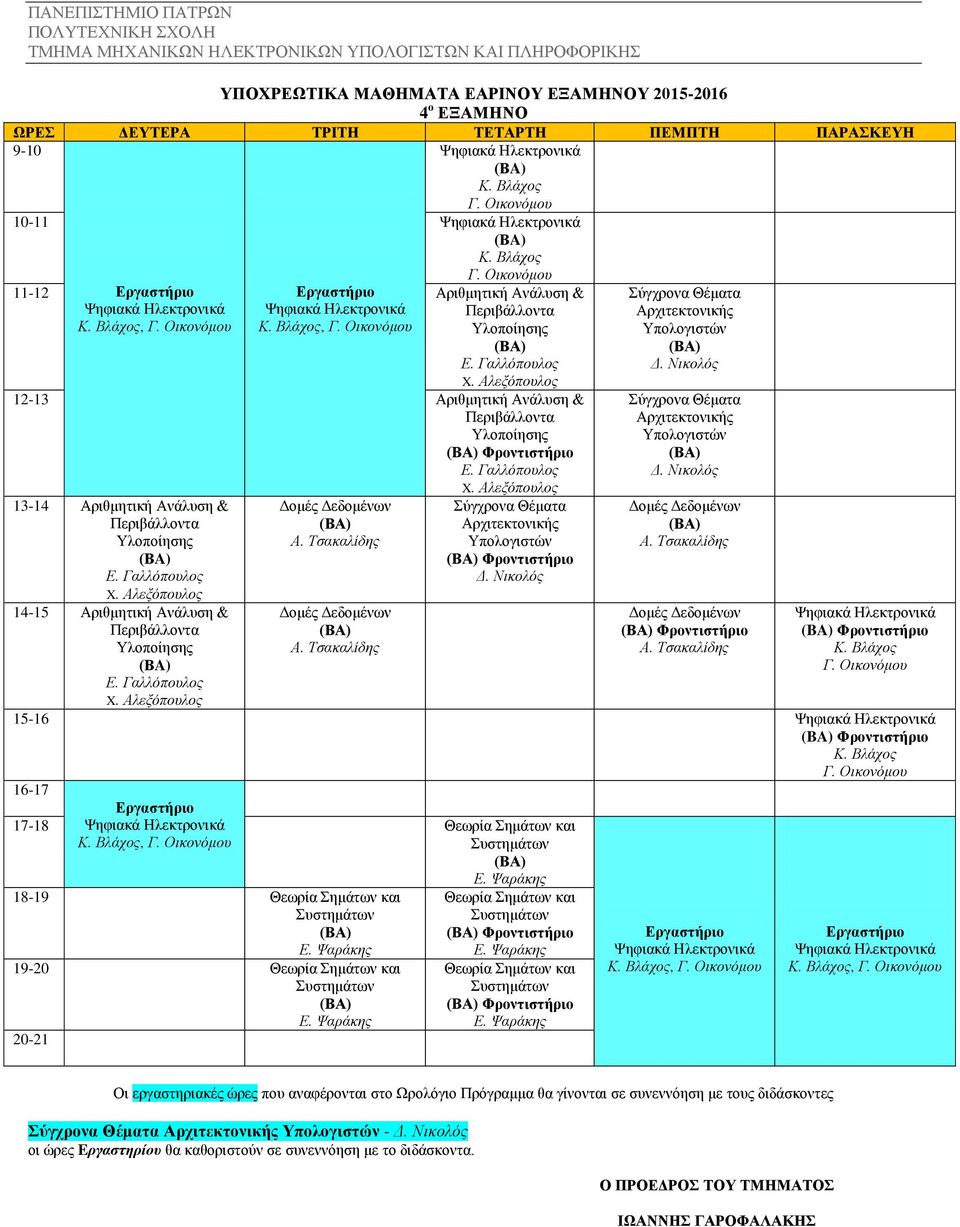 (BA) Φροντιστήριο 16-17 17-18 Θεωρία, 18-19 Θεωρία 19-20 Θεωρία Θεωρία Φροντιστήριο Θεωρία Φροντιστήριο,, Οι εργαστηριακές ώρες που αναφέρονται στο Ωρολόγιο