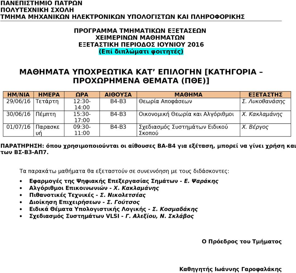 Κακλαμάνης 17:00 01/07/16 Παρασκε 09:30-11:00 Β4-Β3 Σχεδιασμός Συστημάτων Ειδικού Σκοπού Χ.