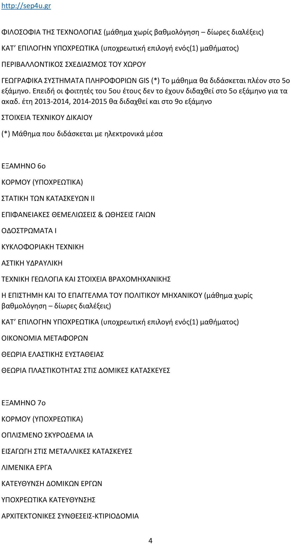 έτη 2013-2014, 2014-2015 θα διδαχθεί και στο 9ο εξάμηνο ΣΤΟΙΧΕΙΑ ΤΕΧΝΙΚΟΥ ΔΙΚΑΙΟΥ ΕΞΑΜΗΝΟ 6ο ΣΤΑΤΙΚΗ ΤΩΝ ΚΑΤΑΣΚΕΥΩΝ ΙΙ ΕΠΙΦΑΝΕΙΑΚΕΣ ΘΕΜΕΛΙΩΣΕΙΣ & ΩΘΗΣΕΙΣ ΓΑΙΩΝ ΟΔΟΣΤΡΩΜΑΤΑ Ι ΚΥΚΛΟΦΟΡΙΑΚΗ ΤΕΧΝΙΚΗ