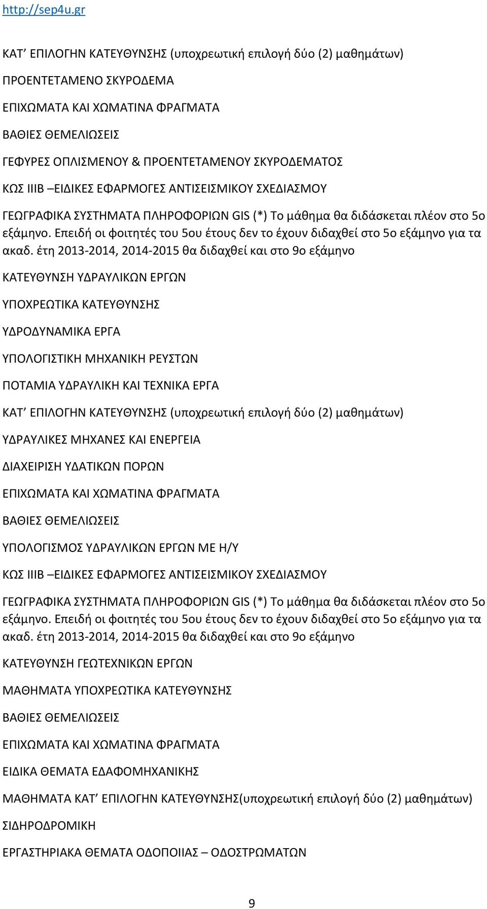 έτη 2013-2014, 2014-2015 θα διδαχθεί και στο 9ο εξάμηνο ΚΑΤΕΥΘΥΝΣΗ ΥΔΡΑΥΛΙΚΩΝ ΕΡΓΩΝ ΥΔΡΟΔΥΝΑΜΙΚΑ ΕΡΓΑ ΥΠΟΛΟΓΙΣΤΙΚΗ ΜΗΧΑΝΙΚΗ ΡΕΥΣΤΩΝ ΠΟΤΑΜΙΑ ΥΔΡΑΥΛΙΚΗ ΚΑΙ ΤΕΧΝΙΚΑ ΕΡΓΑ ΥΔΡΑΥΛΙΚΕΣ ΜΗΧΑΝΕΣ ΚΑΙ ΕΝΕΡΓΕΙΑ
