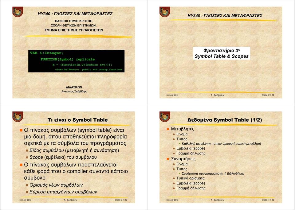 Σαββίδης Slide 2 / 22 Τι είναι ο Symbol Table Ο πίνακας συμβόλων (symbol table) είναι μία δομή, όπου αποθηκεύεται πληροφορία σχετικά με τα σύμβολα του προγράμματος Είδος συμβόλου (μεταβλητή ή